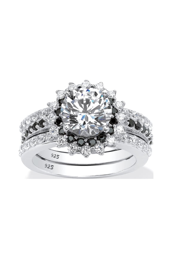 3.12 TCW Cubic Zirconia Vintage-Style Halo Jacket Bridal Ring Set in Platinum-plated Sterling Silver