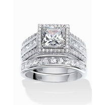 PalmBeach Jewelry 3.31 TCW Square Cubic Zironica Two-Piece Halo Bridal Ring Set in Platinum-plated Sterling Silver