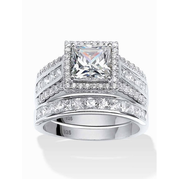 PalmBeach Jewelry 3.31 TCW Square Cubic Zironica Two-Piece Halo Bridal Ring Set in Platinum-plated Sterling Silver