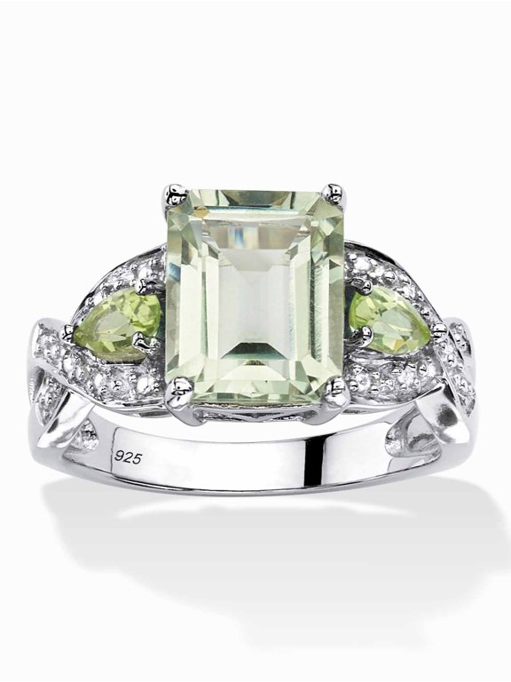 3.40 TCW Emerald-Cut Genuine Green Amethyst Ring in Platinum-plated Sterling Silver