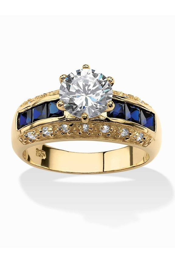 3.53 TCW Round Cubic Zirconia and Simulated Blue Sapphire Ring in 14k Gold-plated Sterling Silver
