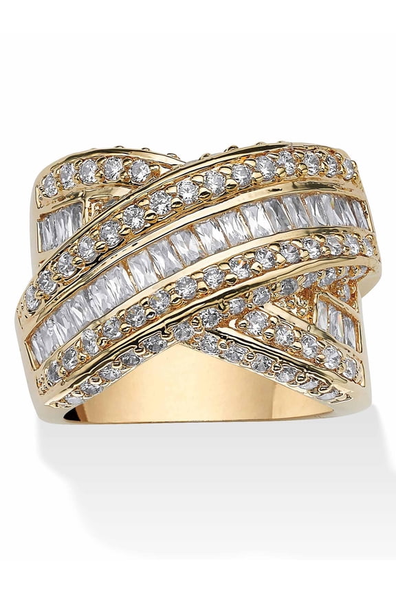 3.64 TCW Round and Baguette Cubic Zirconia Crossover "X" Ring Yellow Gold-Plated or Platinum-Plated