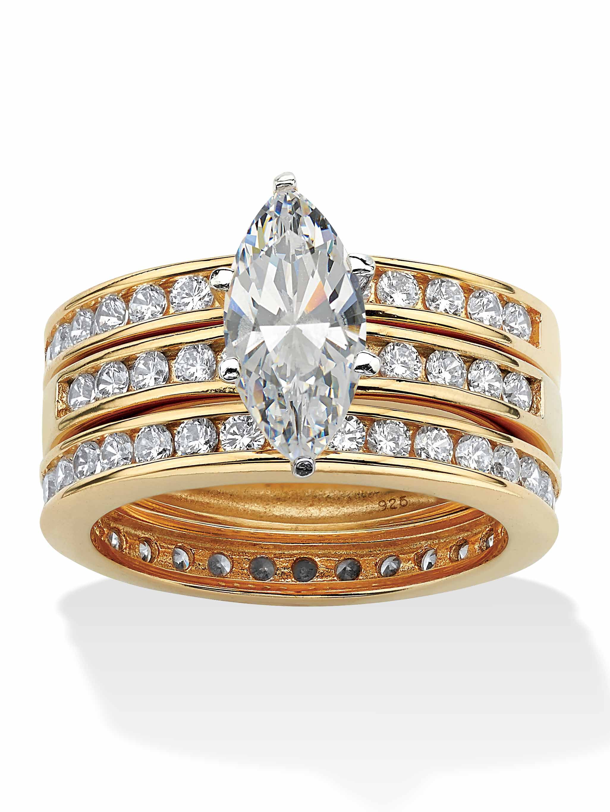 PalmBeach Jewelry 3.65 TCW Marquise-Cut Cubic Zirconia 14k Gold-plated  Sterling Silver 3-Piece Bridal Ring Wedding Set