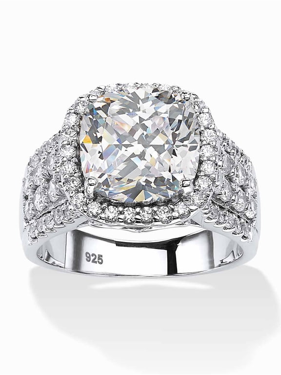 3.68 TCW Cushion-Cut and Pave Cubic Zirconia Halo Engagement Ring in Platinum-plated Sterling Silver