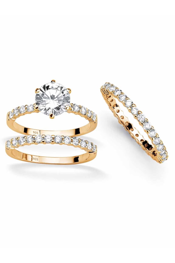 3.75 TCW 3 Piece Round Cubic Zirconia Bridal Ring Set in Platinum-Plated or 14k Yellow-Plated Silver