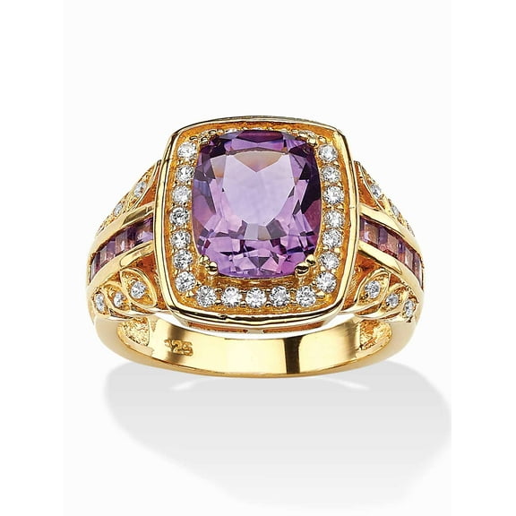 PalmBeach Jewelry 3.86 TCW Cushion-Cut Genuine Purple Amethyst and CZ Halo Ring in 14k Gold-plated Sterling Silver