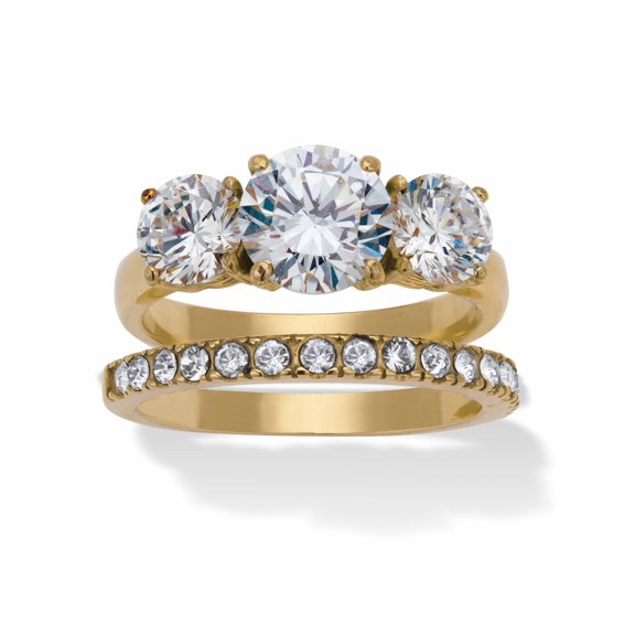 PalmBeach Jewelry 3.96 TCW Round 3-Stone Cubic Zirconia Stainless Steel or Yellow Gold Ion-Plated Stainless Steel Bridal Set