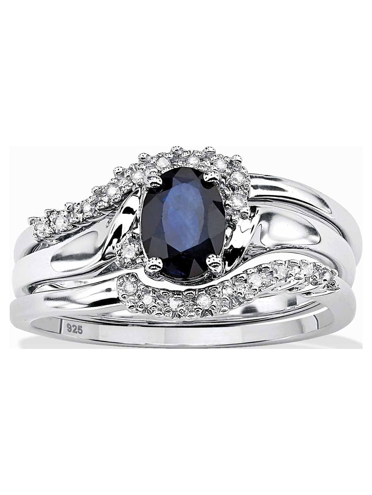 PalmBeach Jewelry 3 Piece 1.05 TCW Oval Sapphire and Diamond Accent Bridal Ring Set in Platinum-Plated or Yellow Gold-Plated Sterling Silver