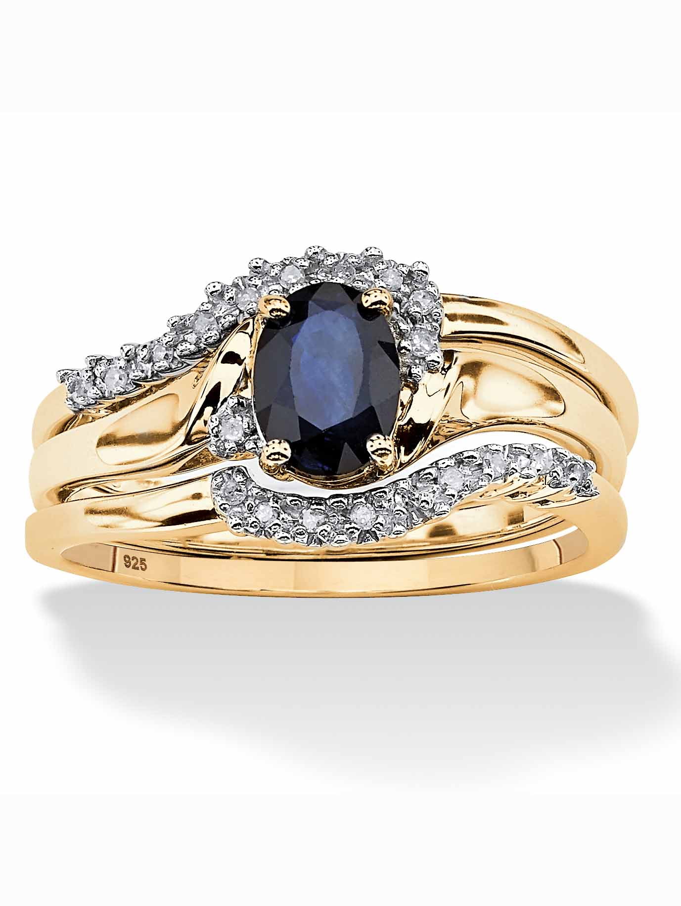 PalmBeach Jewelry 3 Piece 1.05 TCW Oval Sapphire and Diamond Accent Bridal Ring Set in Platinum-Plated or Yellow Gold-Plated Sterling Silver