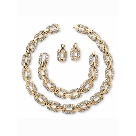 PalmBeach Jewelry 3 Piece Crystal Interlocking-Link Necklace, Bracelet and Drop Earrings Set in Yellow Goldtone