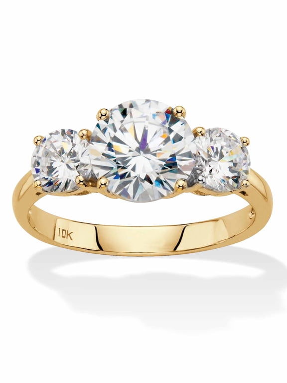 3 TCW Round White Cubic Zirconia 3-Stone Bridal Engagement Anniversary Ring in Solid 10k Yellow or White Gold
