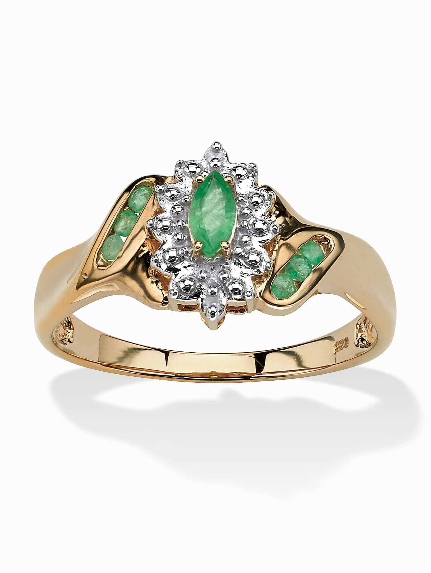 PalmBeach Jewelry .38 TCW Marquise-Cut and Round Genuine Emerald Diamond Accent 18k Gold-Plated or Platinum-Plated Sterling Silver Ring