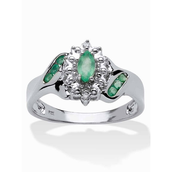 PalmBeach Jewelry .38 TCW Marquise-Cut and Round Genuine Emerald Diamond Accent 18k Gold-Plated or Platinum-Plated Sterling Silver Ring