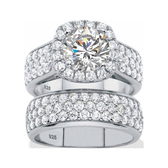 PalmBeach Jewelry 4.43 TCW Round White Cubic Zirconia 2-Piece Halo Bridal Wedding Ring Set in Yellow Gold-Plated or Platinum-Plated Sterling Silver