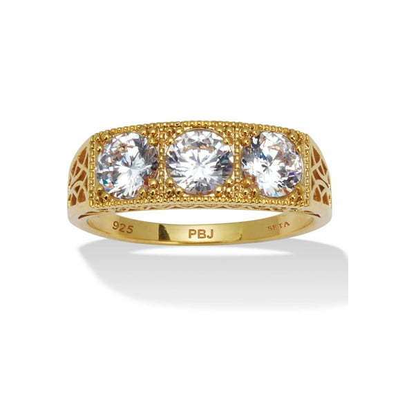 PalmBeach Jewelry 4.50 TCW Round Cubic Zirconia Yellow Gold-Plated Sterling Silver 3-Stone Filigree Ring
