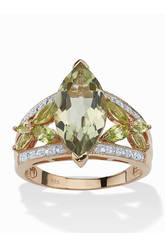 4.83 TCW Marquise-Cut Genuine Green Amethyst and Diamond Ring in 18k Gold-plated Sterling Silver