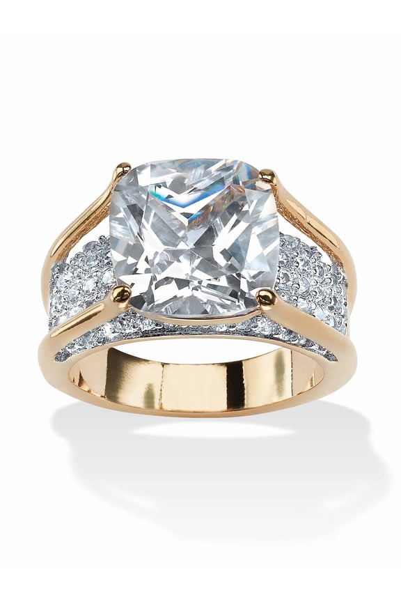 4.88 TCW Cushion-Cut White Cubic Zirconia 18k Gold-Plated Engagement Pave Bridge Ring