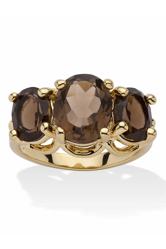 4.90 TCW Oval Cut Genuine Smoky Quartz Yellow Gold-Plated 3-Stone Ring