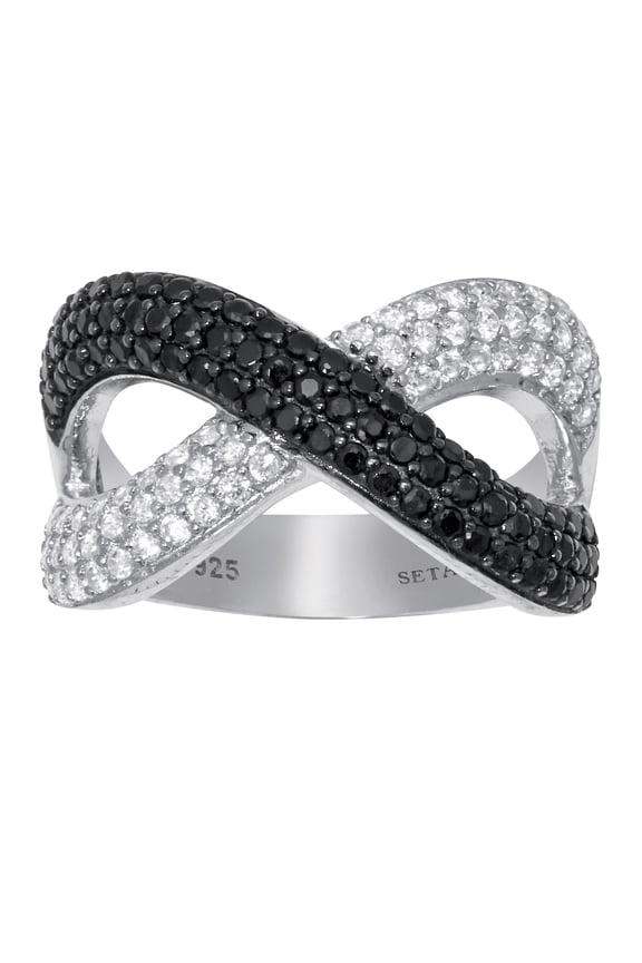 .49 TCW Round CZ and Black Spinel Sterling Silver Crossover Ring