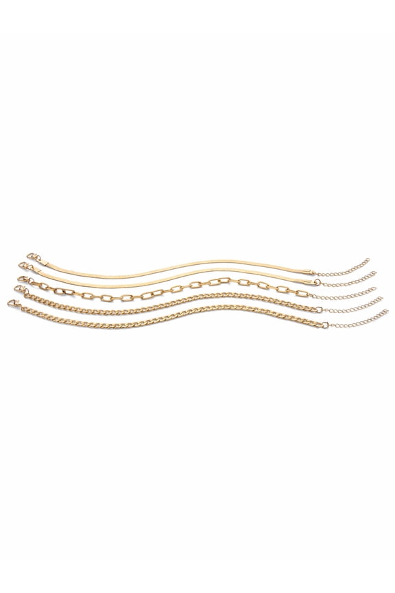 5-Piece Herringbone, Curb-Link & Cable-Link Ankle Bracelet Set Goldtone 9" Length With 2" Extender