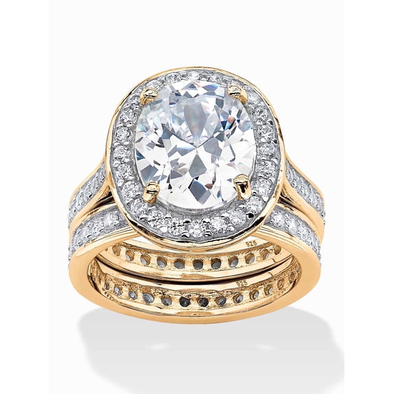 PalmBeach Jewelry 6.48 TCW Oval-Cut Cubic Zirconia Two-Piece Halo Bridal Set in Gold-Plated or Platinum-Plated Sterling Silver