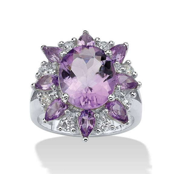 PalmBeach Jewelry 6.70 TCW Oval Cut Genuine Purple Amethyst and White Topaz Sterling Silver Flower Ring