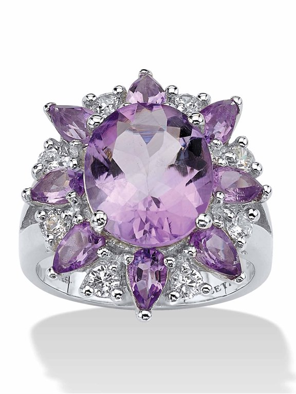 6.70 TCW Oval Cut Genuine Purple Amethyst and White Topaz Sterling Silver Flower Ring
