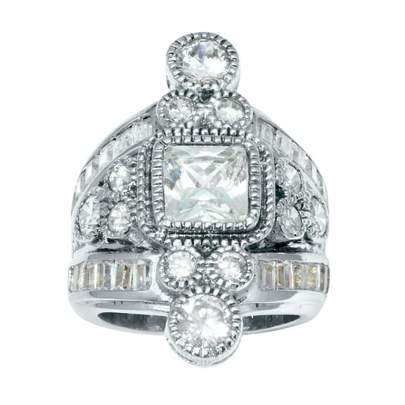 PalmBeach Jewelry 7.32 TCW Princess Cut Cubic Zirconia Silvertone Vintage-Inspired Cocktail Ring