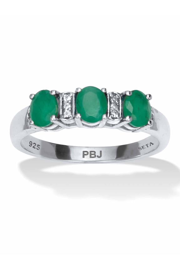 .75 TCW Oval Cut Genuine Green Emerald and Round Cut White Topaz Sterling Silver Ring