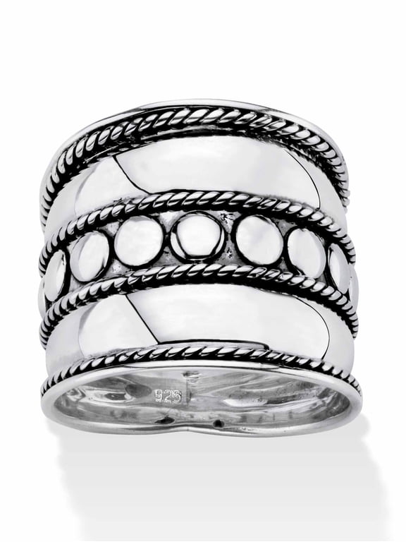 Bali Bohemian Wide Cigar Band-Style Ring Band in Antiqued .925 Sterling Silver with Rope Detailing
