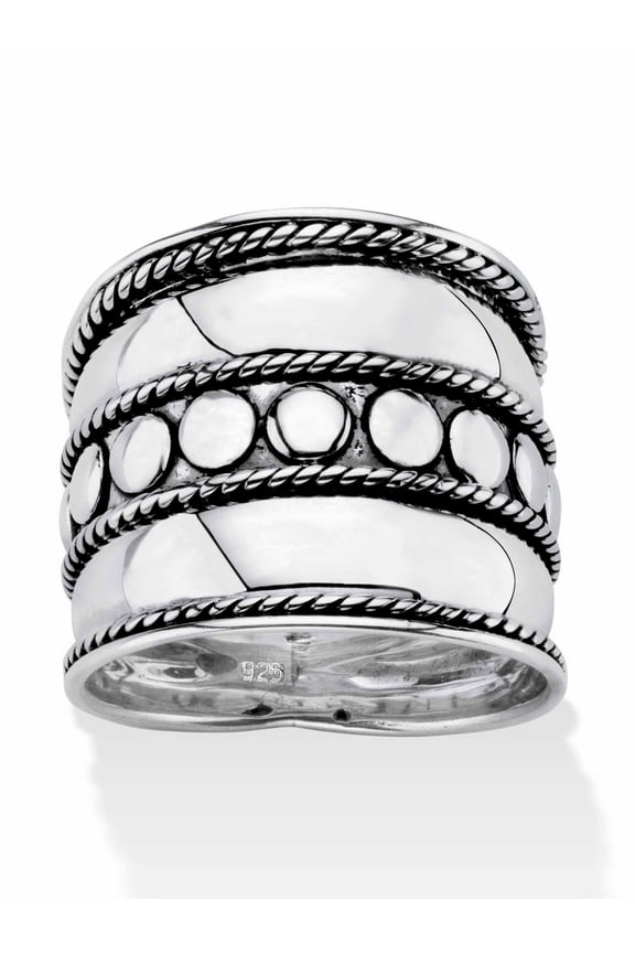 Bali Bohemian Wide Cigar Band-Style Ring Band in Antiqued .925 Sterling Silver with Rope Detailing