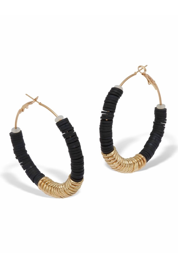 Black Clay Bead Goldtone Hoop Earrings, 55mm