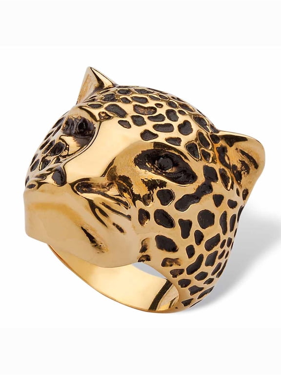 Black Pave Crystal Leopard Fashion Ring Yellow Gold-Plated