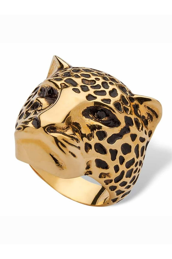 Black Pave Crystal Leopard Fashion Ring Yellow Gold-Plated