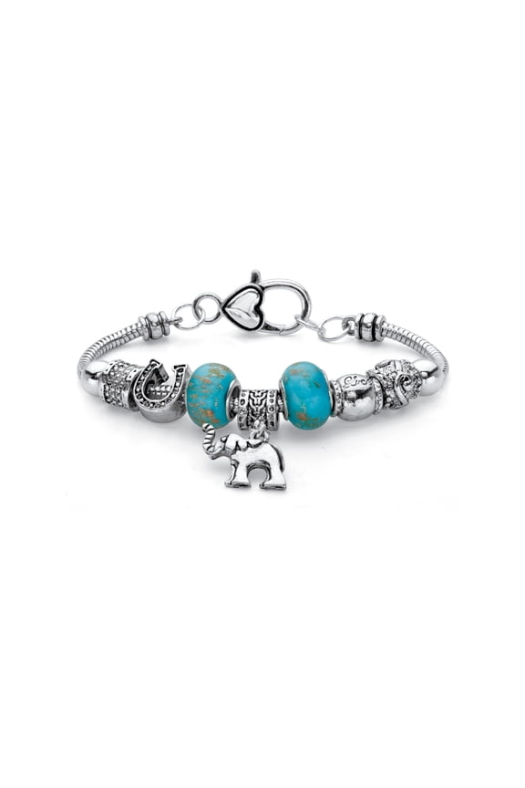 Blue Bali-Style Beaded Elephant Charm Bracelet in Antiqued Silvertone 7.5"