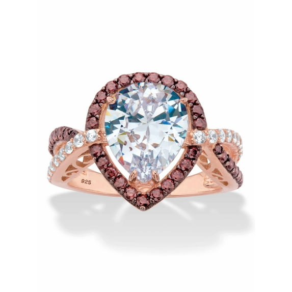 PalmBeach Jewelry Brown and White CZ Cushion Cut Halo Engagement Ring 2.94 TCW or Pear Cut 3.25 TCW in 14k Yellow or Rose Gold Plated Sterling Silver