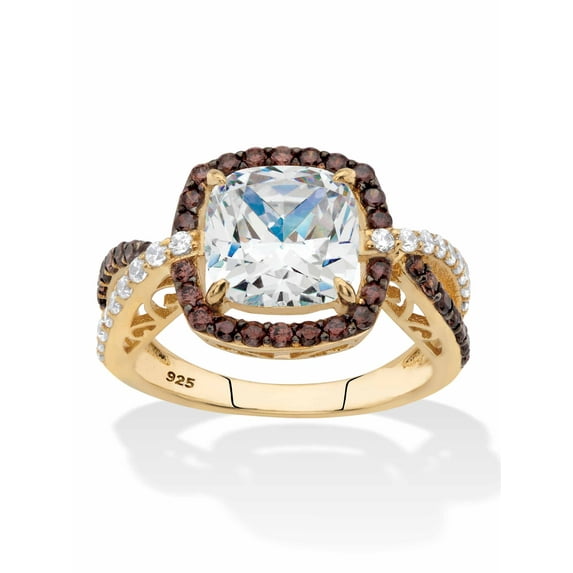 PalmBeach Jewelry Brown and White CZ Cushion Cut Halo Engagement Ring 2.94 TCW or Pear Cut 3.25 TCW in 14k Yellow or Rose Gold Plated Sterling Silver