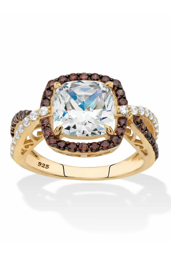 Brown and White CZ Cushion Cut Halo Engagement Ring 2.94 TCW or Pear Cut 3.25 TCW in 14k Yellow or Rose Gold Plated Sterling Silver