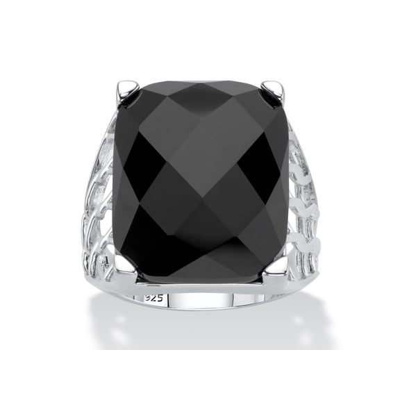 PalmBeach Jewelry Checkerboard-Cut Genuine Black Onyx Rectangular Ornate Ring in Sterling Silver