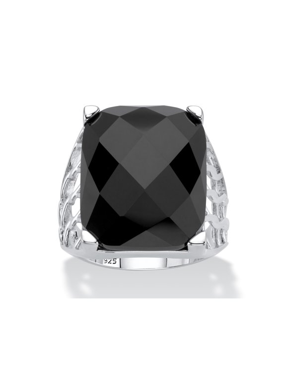 Checkerboard-Cut Genuine Black Onyx Rectangular Ornate Ring in Sterling Silver