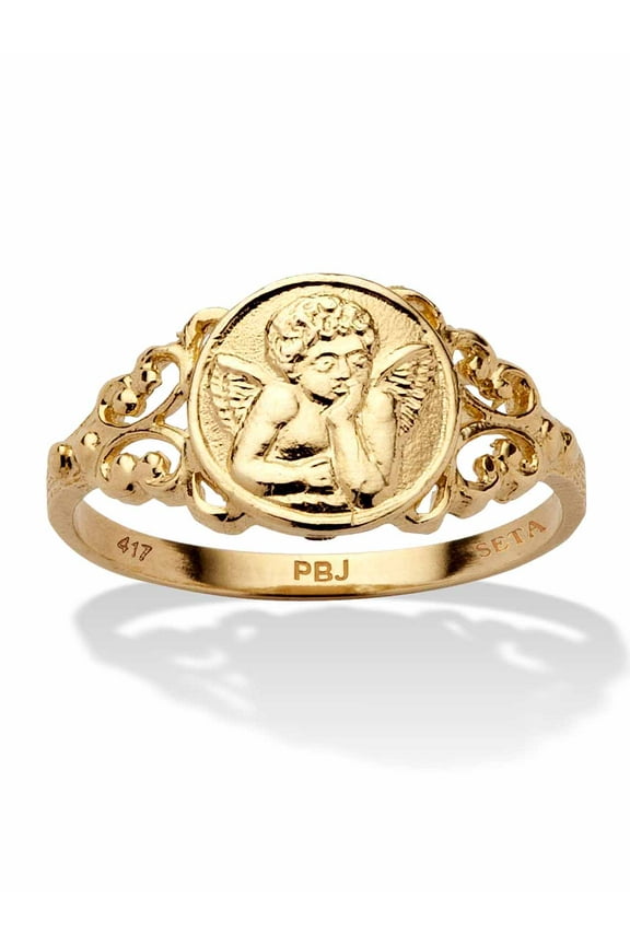 Cherub Guardian Angel Open Scrollwork Ring in Solid 10k Yellow Gold