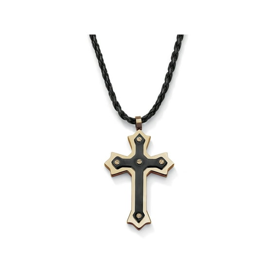 PalmBeach Jewelry Cross Pendant and Rubber Necklace in Stainless Steel and Black or Gold Ion-Plated Stainless Steel 24"-27"