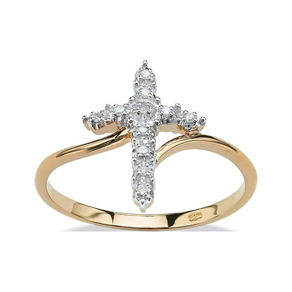PalmBeach Jewelry Cross Ring with White Diamond Accents 11 Stones in 18K Gold-Plated Sterling Silver