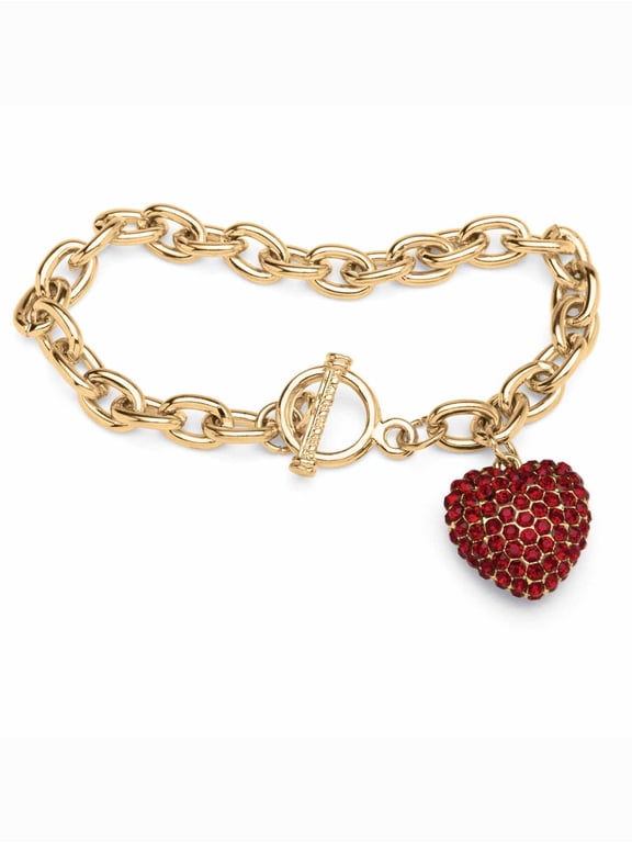Crystal Heart Charm Simulated Birthstone Toggle Bracelet in Yellow Goldtone