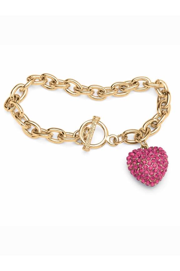 Crystal Heart Charm Simulated Birthstone Toggle Bracelet in Yellow Goldtone
