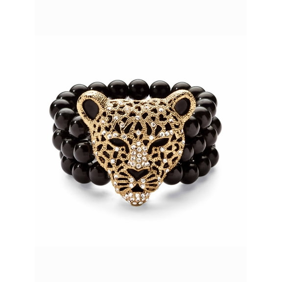 PalmBeach Jewelry Crystal Leopard Genuine Onyx Stretch Bracelet in Yellow Goldtone