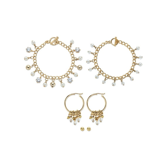 PalmBeach Jewelry Crystal and Simulated Pearl Bracelet Goldtone BONUS: Buy the Bracelet, Get the 3-Pc. Crystal Bracelet, Stud and Hoop Earring Set FREE! 7.5"
