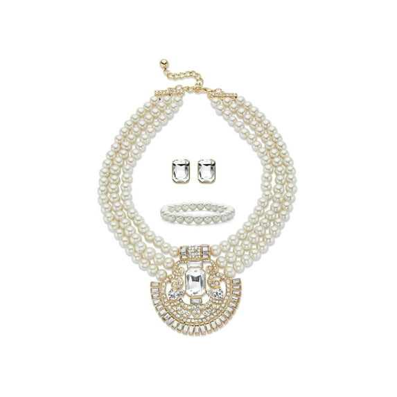 PalmBeach Jewelry Crystal and Simulated Pearl Goldtone 3-Piece Triple-Strand Necklace, Stud Earring and Stretch Bracelet Set 17"-19" (8mm)