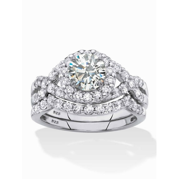 Cubic Zirconia 2-Piece Wedding Ring Set in Platinum over Sterling Silver 2.18 TCW Round Halo Crossover