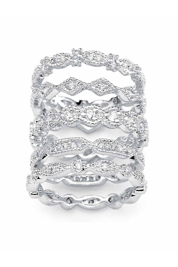 Cubic Zirconia 5-Piece Stackable Eternity Band Set 1.55 TCW in Silvertone or Rose Gold-Plated